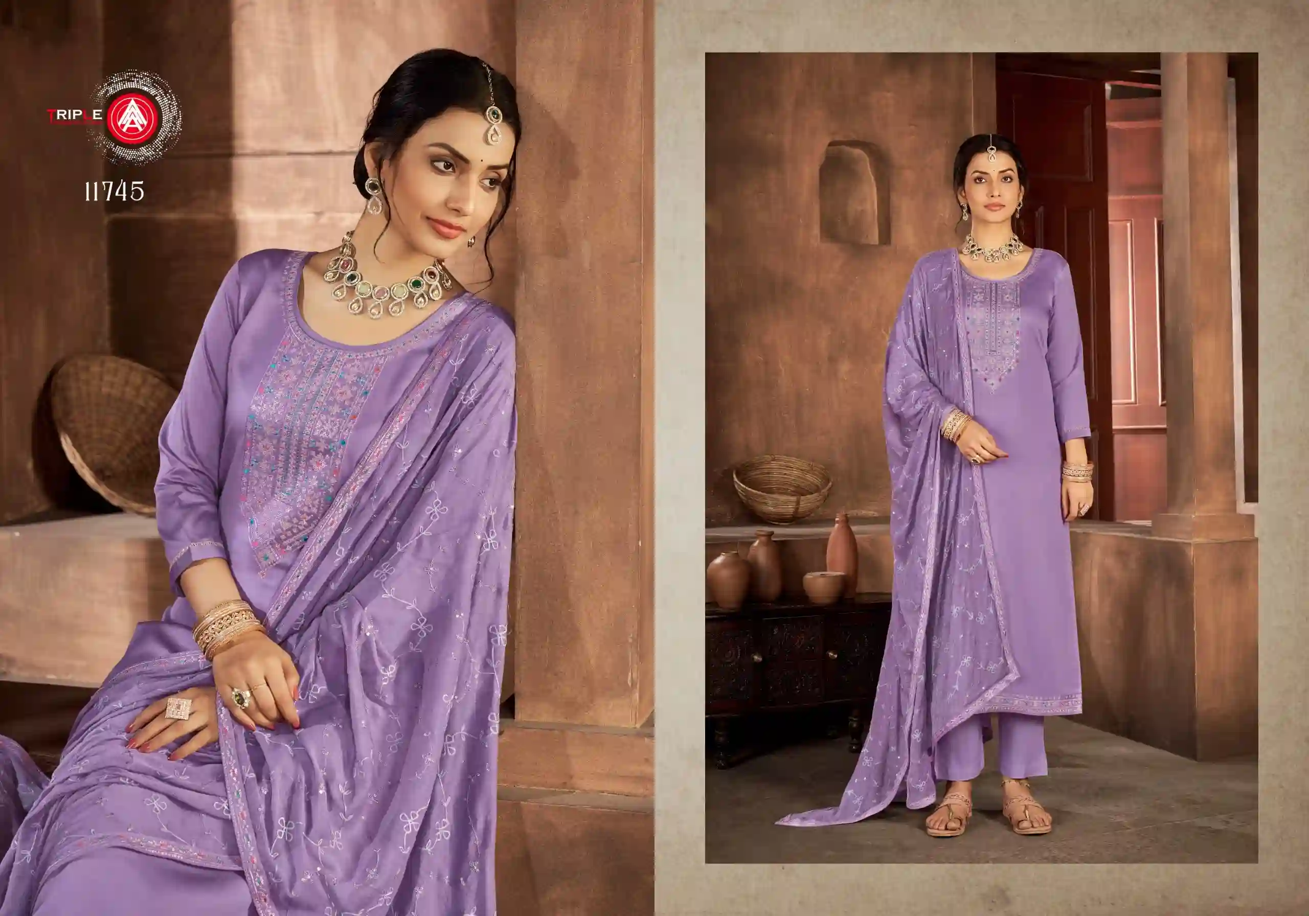Triple Kaara Pure Jam Silk Wholesale Fancy Salwar Suit Catalog — Wholesale Salwar Suits, MPA wholesale from Surat — view 3